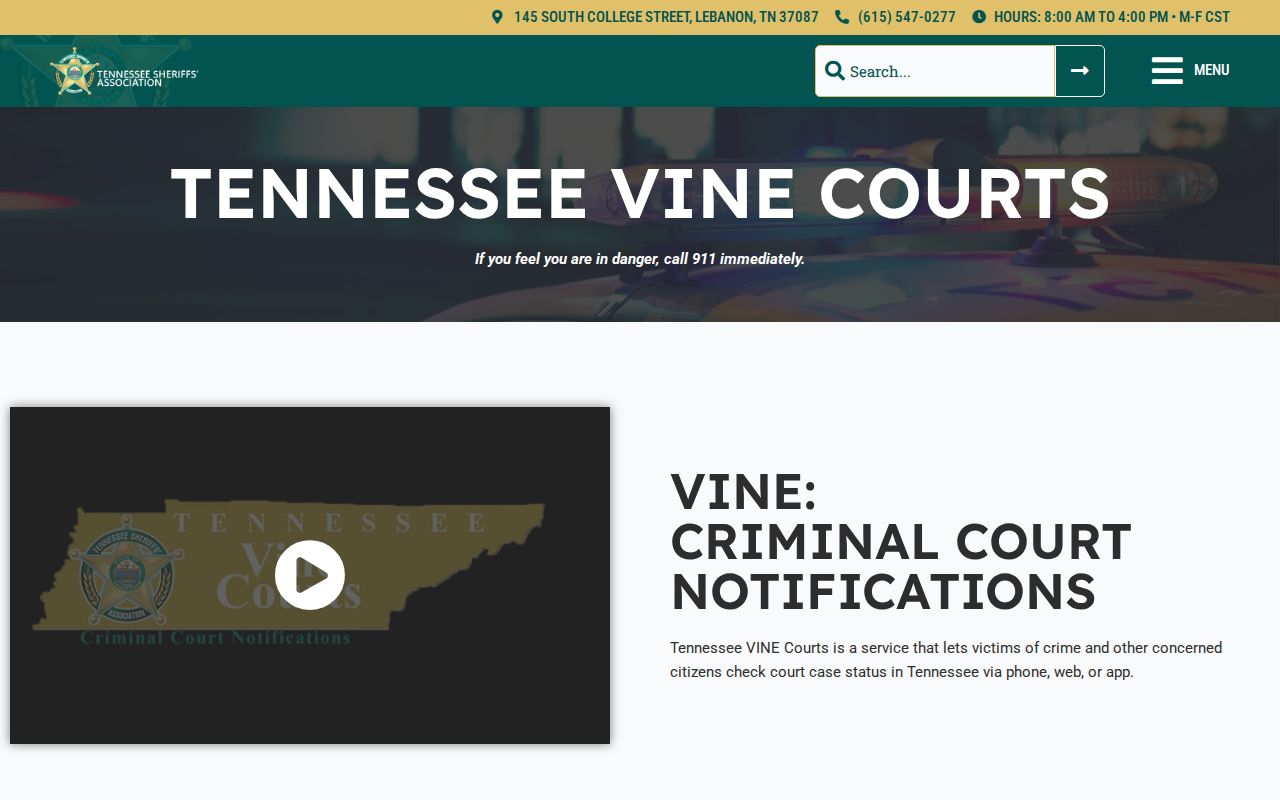Tennessee VINE phone PIN and court notification information